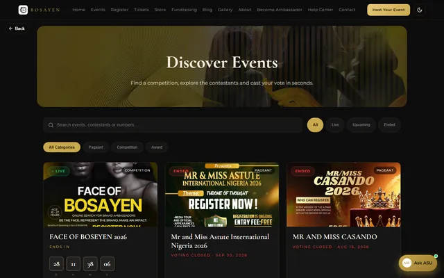 BOSAYEN events page with search, category filters and event cards
