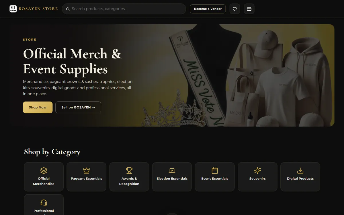BOSAYEN store with category tiles and a Become a Vendor link
