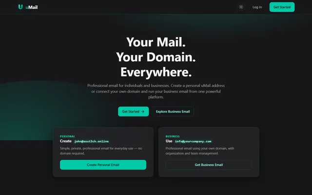 uMail landing page with personal and business account options