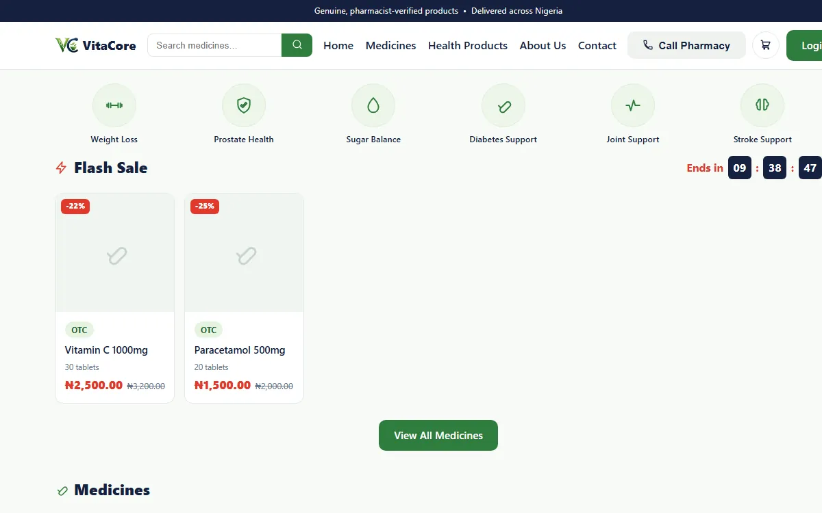 VitaCore storefront with health categories and a flash sale