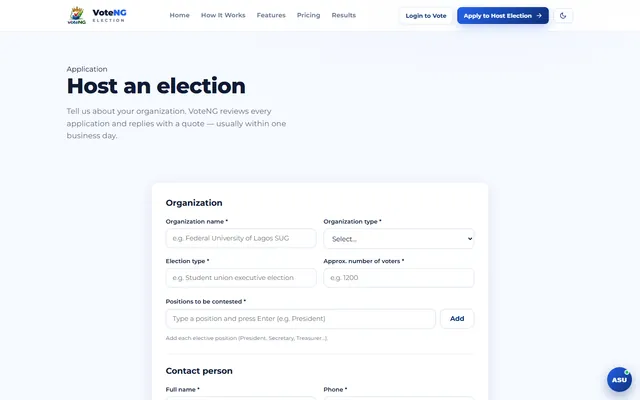 VoteNG Election application form for hosting an election